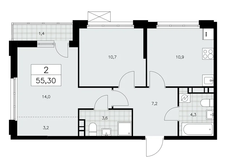 2 room apartment 55 m² Moscow, Russia