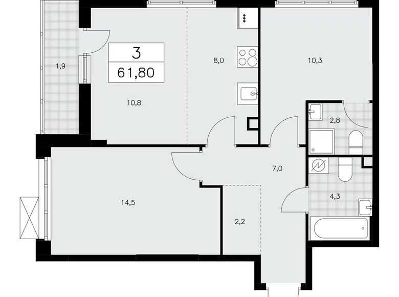 3 room apartment 62 m² Moscow, Russia