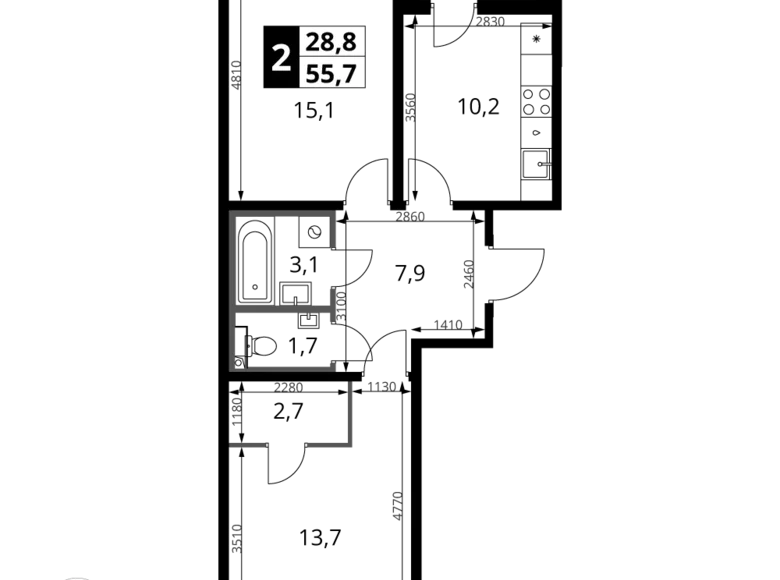 Appartement 2 chambres 56 m² Leninsky District, Russie