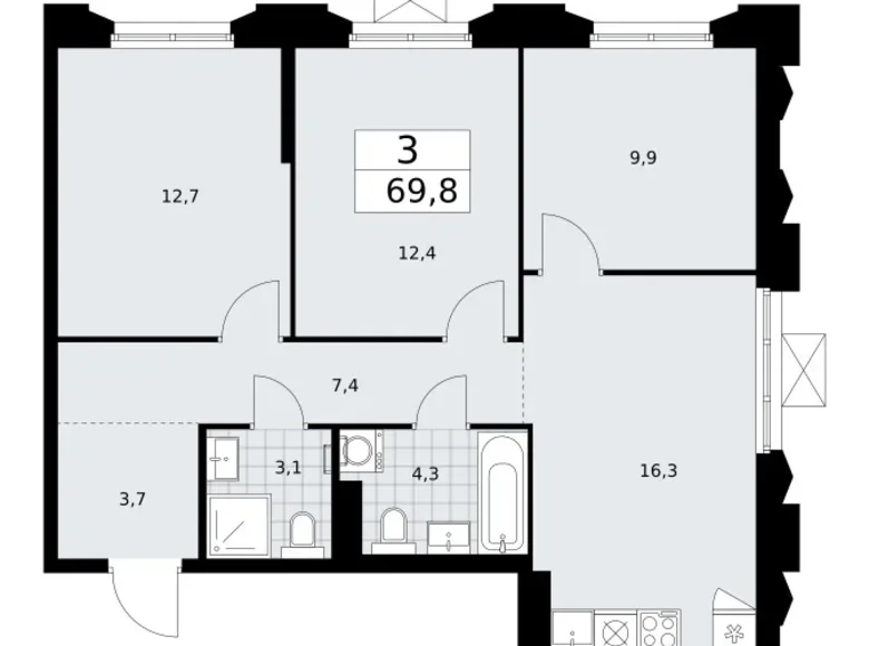 3 room apartment 70 m² Troitsk, Russia