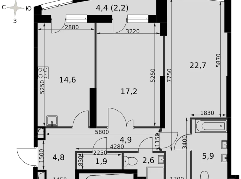 Mieszkanie 2 pokoi 77 m² North-Western Administrative Okrug, Rosja