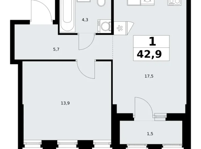 1 room apartment 43 m² Troitsk, Russia