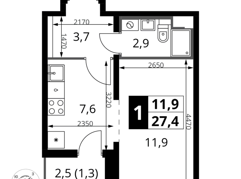1 room apartment 27 m² Moscow, Russia