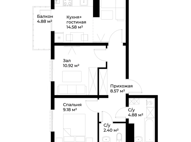 Квартира 2 комнаты 52 м² Ташкент, Узбекистан