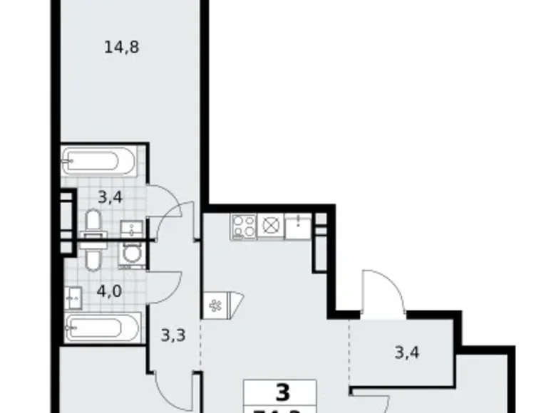 3 room apartment 74 m² poselenie Sosenskoe, Russia