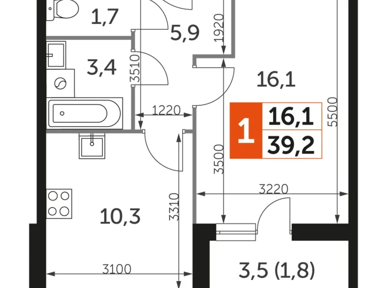 Mieszkanie 1 pokój 39 m² Razvilka, Rosja