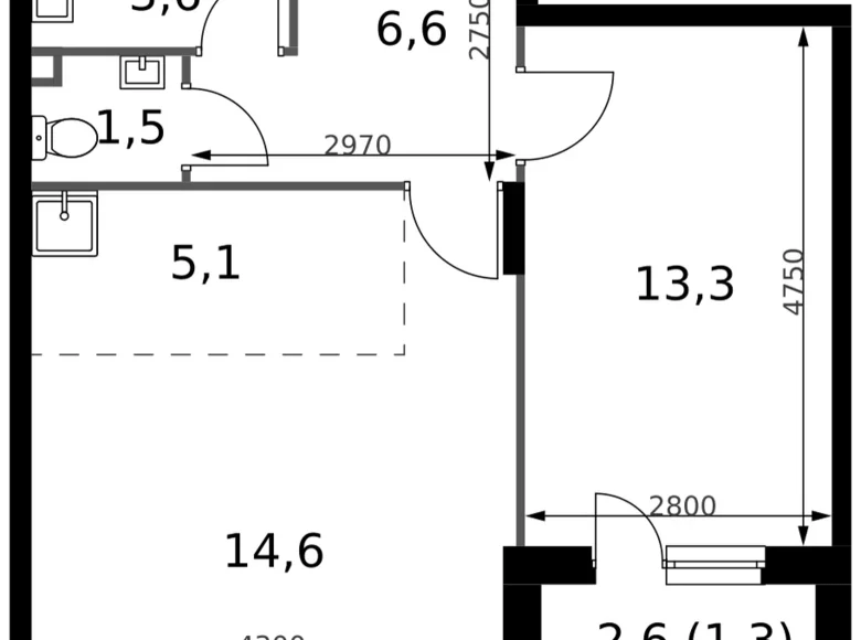 2 room apartment 46 m² Sapronovo, Russia