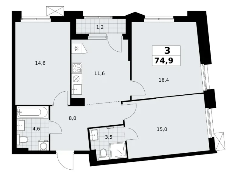 3 room apartment 75 m² Troitsk, Russia