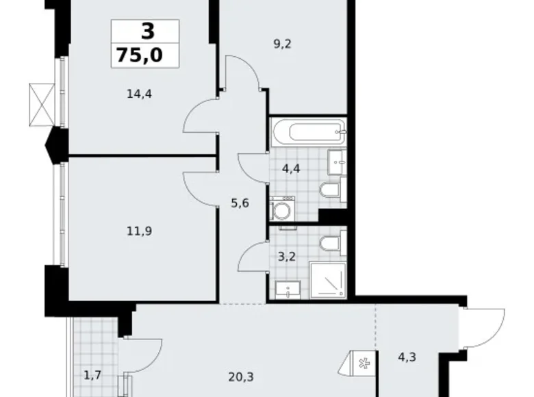 3 room apartment 75 m² Troitsk, Russia