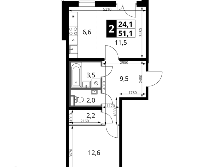 2 room apartment 51 m² Khimki, Russia