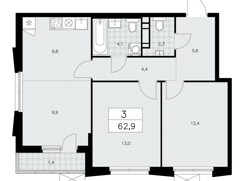 Apartamento 3 habitaciones 63 m² poselenie Sosenskoe, Rusia