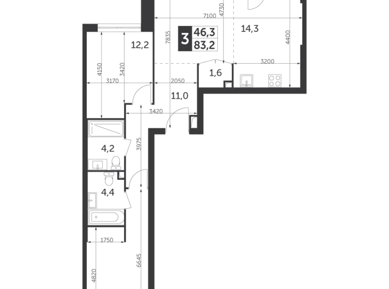 3 room apartment 83 m² North-Eastern Administrative Okrug, Russia