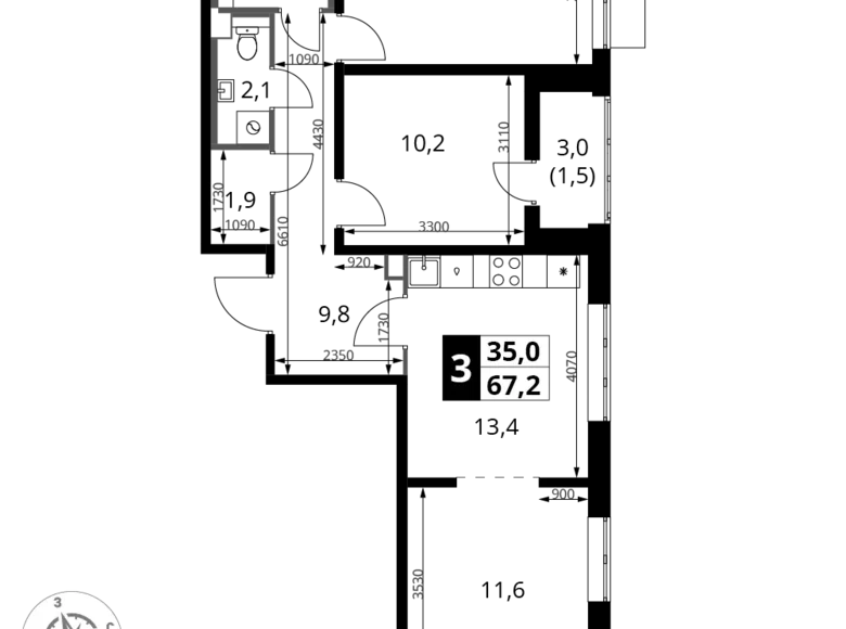 Mieszkanie 3 pokoi 67 m² rejon leniński, Rosja