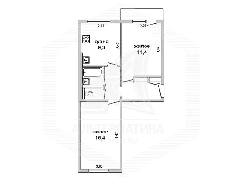 2 room apartment 47 m² Muchaviecki sielski Saviet, Belarus