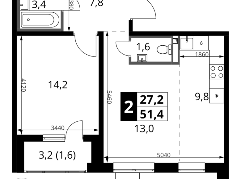 2 room apartment 51 m² Potapovo, Russia