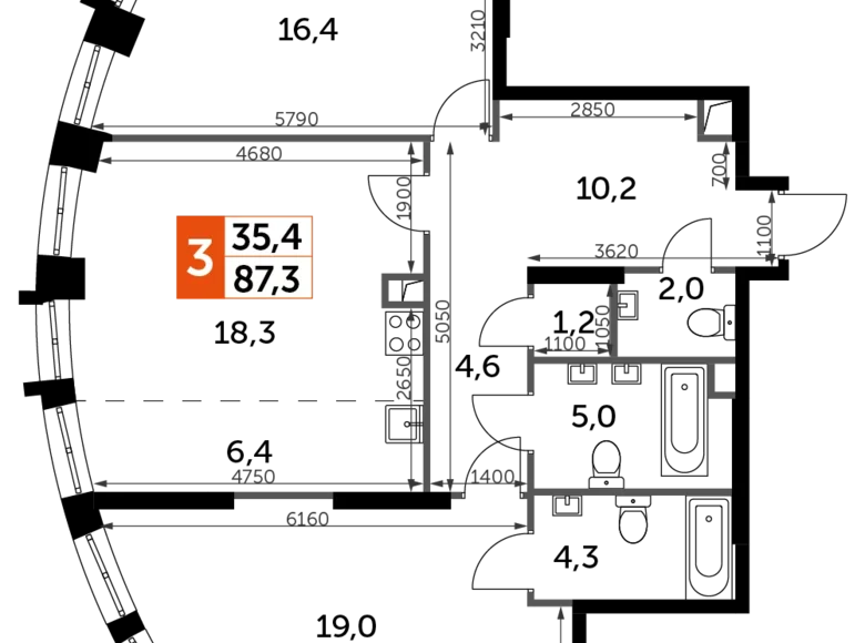 2 room apartment 87 m² North-Western Administrative Okrug, Russia