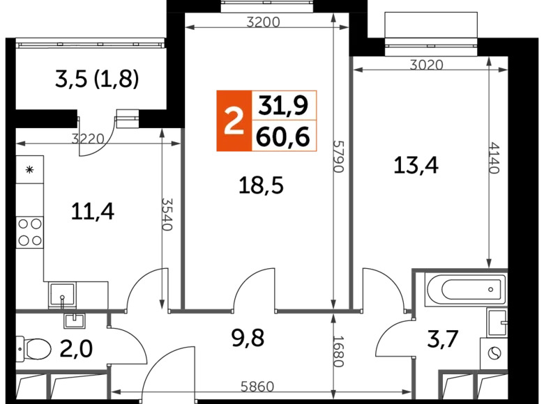 Квартира 2 комнаты 61 м² Развилка, Россия