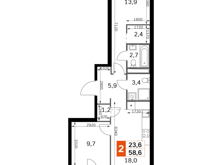 Квартира 2 комнаты 58 м² Москва, Россия