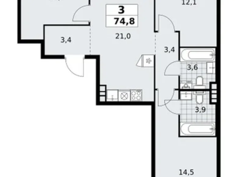 Mieszkanie 3 pokoi 75 m² poselenie Sosenskoe, Rosja