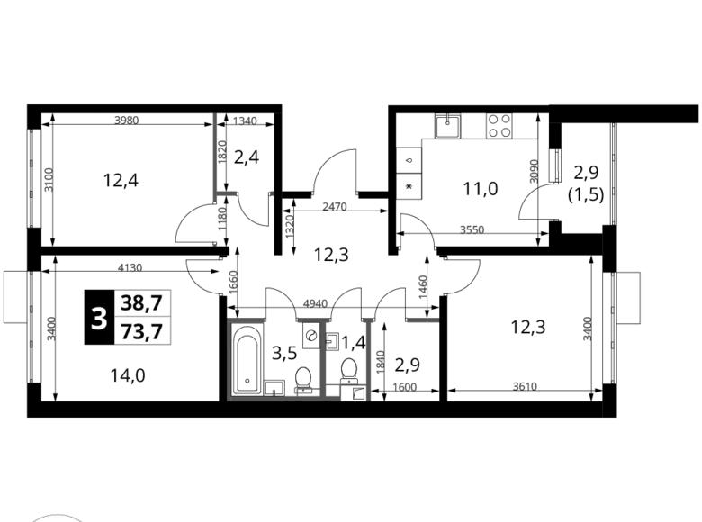 3 room apartment 74 m² Khimki, Russia