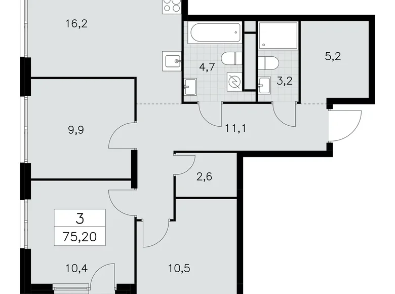 3 room apartment 75 m² South-Western Administrative Okrug, Russia