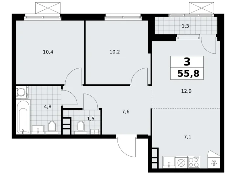 3 room apartment 56 m² South-Western Administrative Okrug, Russia