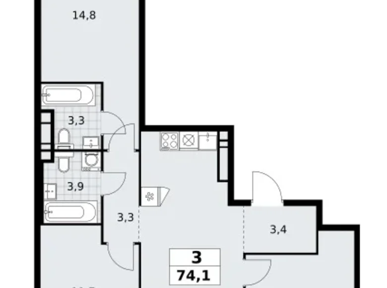 3 room apartment 74 m² poselenie Sosenskoe, Russia