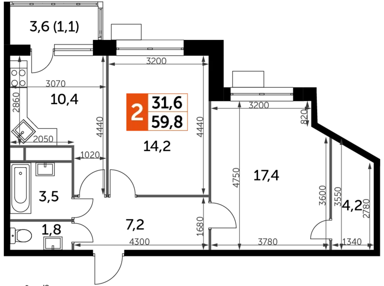 Apartamento 2 habitaciones 60 m² Veshki, Rusia