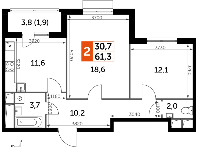 2 room apartment 60 m² Razvilka, Russia