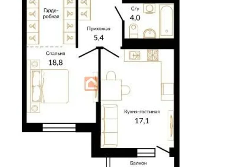 1 room apartment 46 m² Krasnodar, Russia