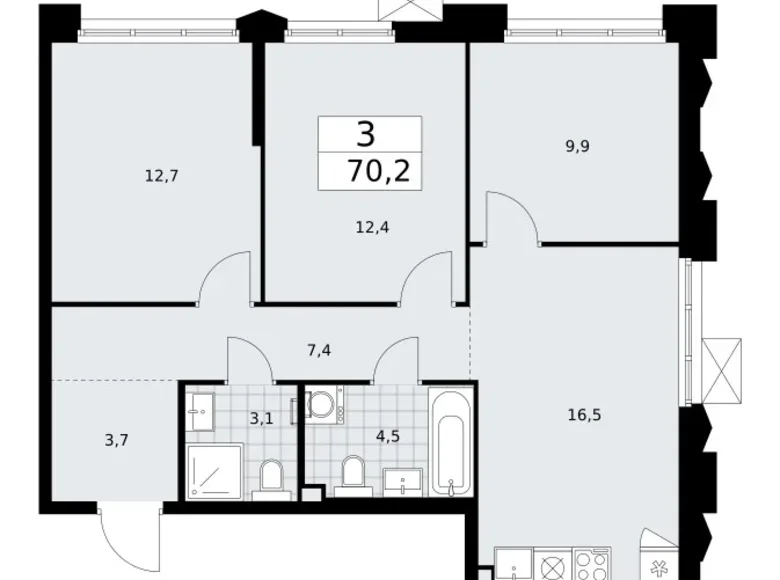 3 room apartment 70 m² Troitsk, Russia