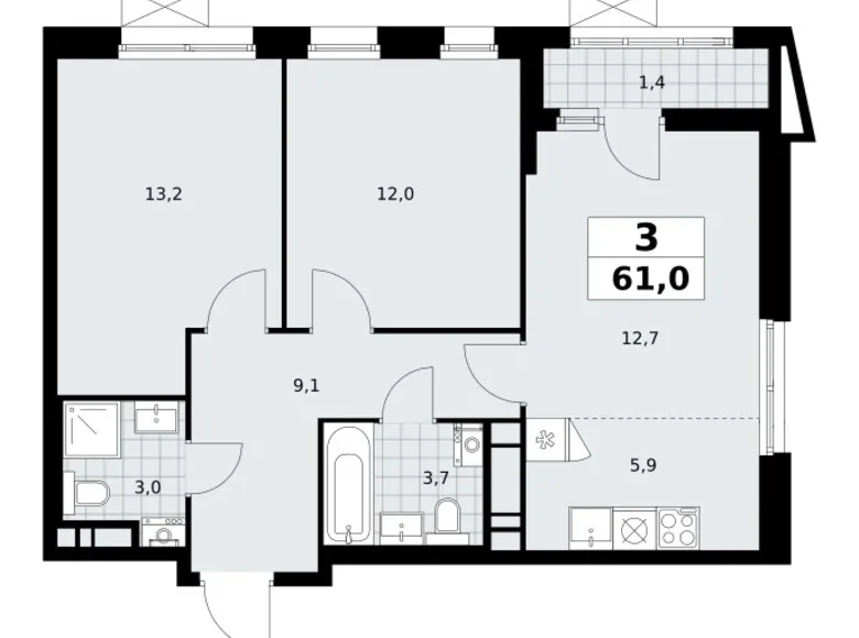 Appartement 3 chambres 61 m² poselenie Sosenskoe, Fédération de Russie