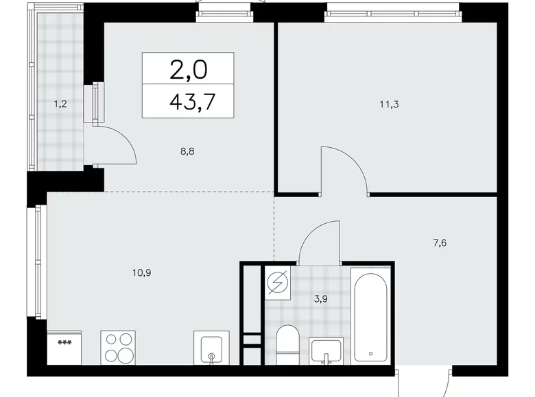 2 room apartment 44 m² Moscow, Russia