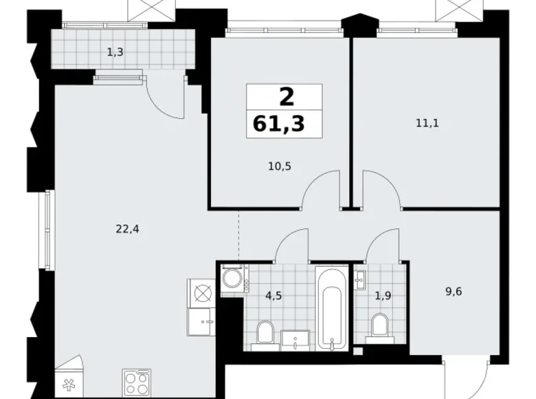 2 room apartment 61 m² Troitsk, Russia