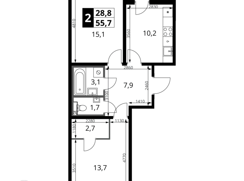 Mieszkanie 2 pokoi 56 m² rejon leniński, Rosja