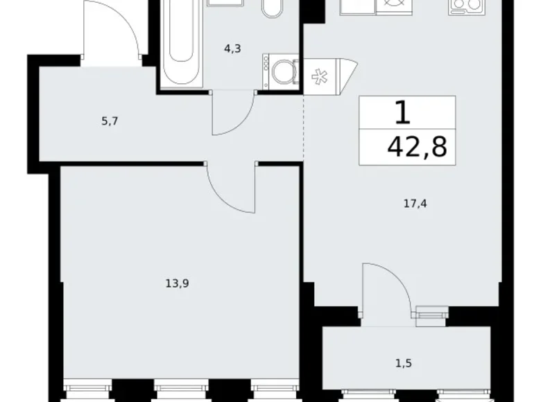 Квартира 1 комната 43 м² район Троицк, Россия