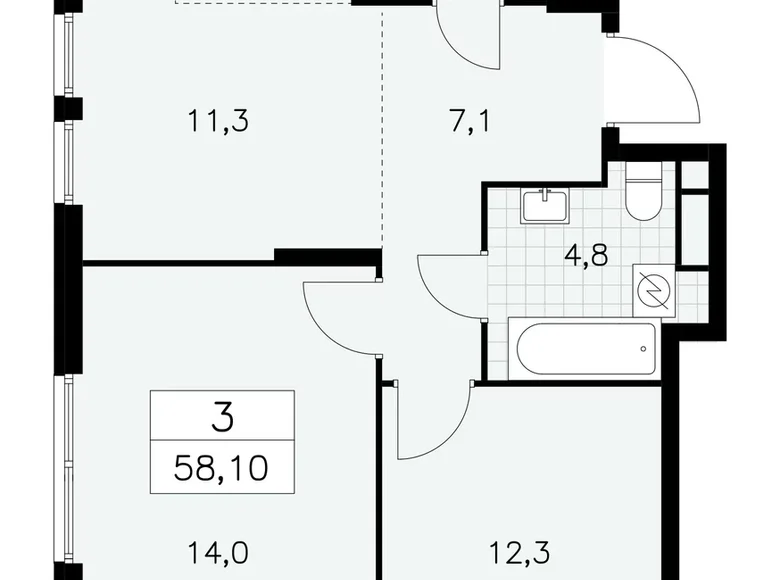 3 room apartment 58 m² South-Western Administrative Okrug, Russia