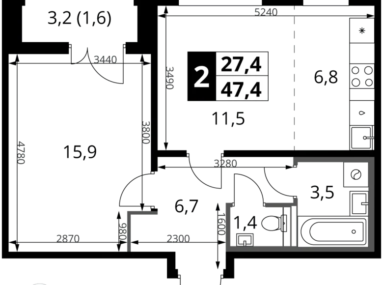 Appartement 2 chambres 47 m² Leninsky District, Fédération de Russie