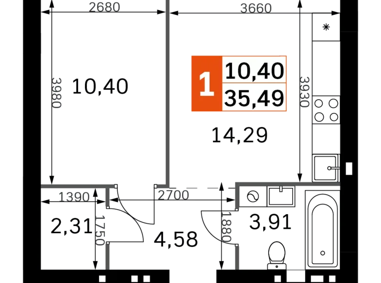 Квартира 1 комната 35 м² Одинцовский городской округ, Россия