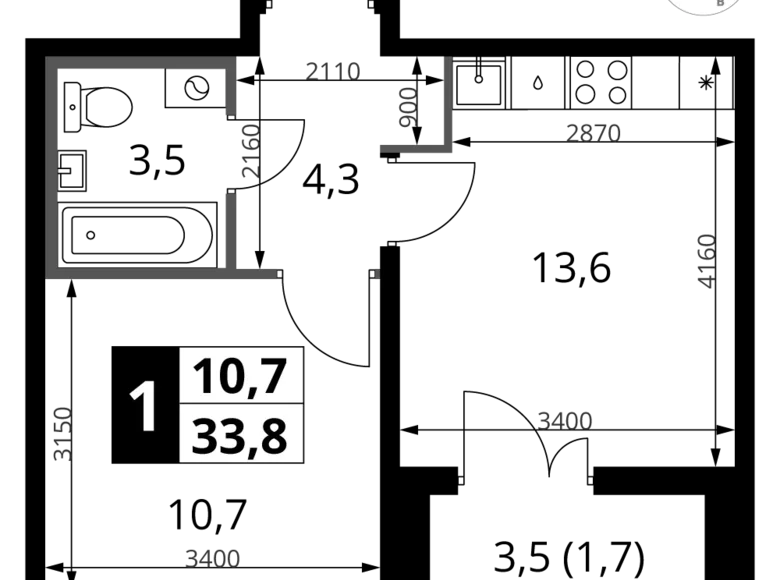 1 room apartment 34 m² Leninsky District, Russia