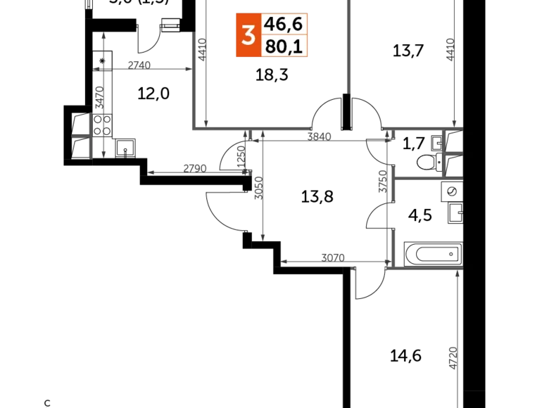 Квартира 3 комнаты 80 м² Развилка, Россия