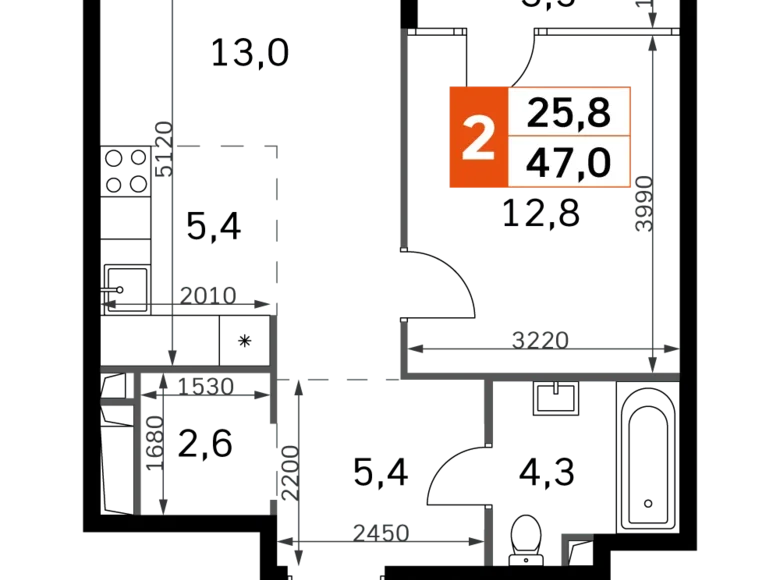 Mieszkanie 2 pokoi 47 m² North-Western Administrative Okrug, Rosja