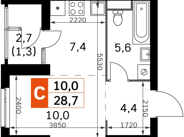 Студия 1 комната 29 м² Москва, Россия