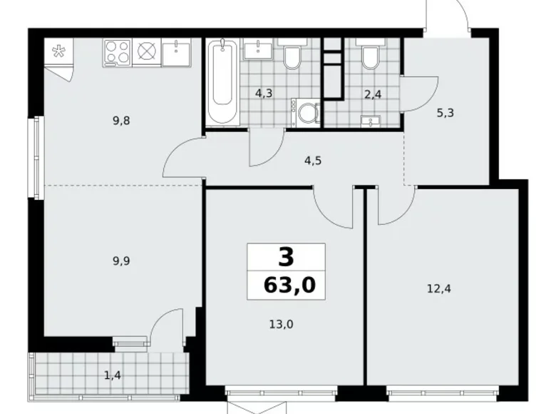 3 room apartment 63 m² Moscow, Russia