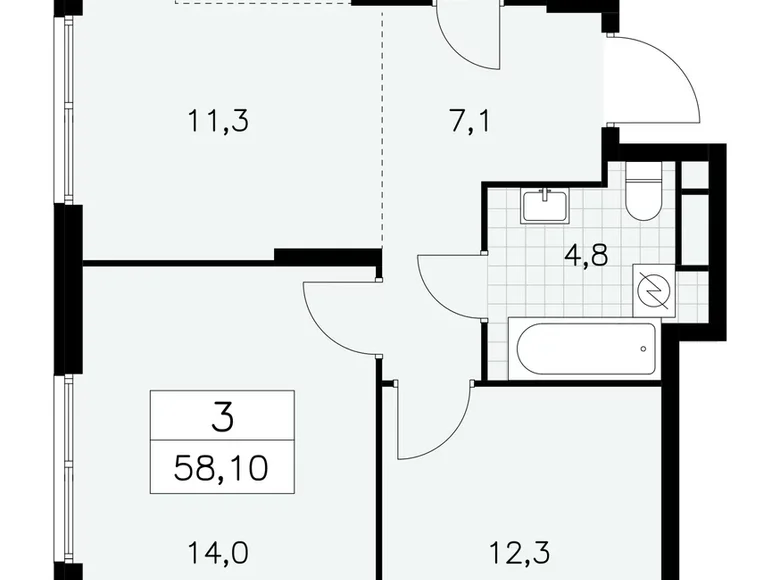 3 room apartment 58 m² South-Western Administrative Okrug, Russia