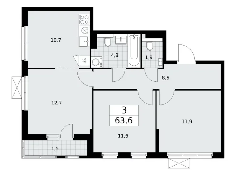 Apartamento 3 habitaciones 64 m² poselenie Sosenskoe, Rusia