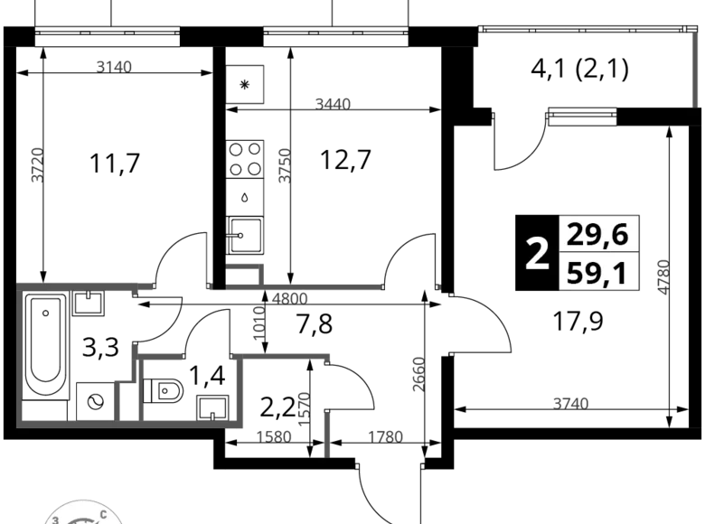 Wohnung 2 zimmer 59 m² Südwestlicher Verwaltungsbezirk, Russland