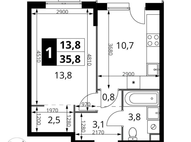 1 room apartment 36 m² Khimki, Russia