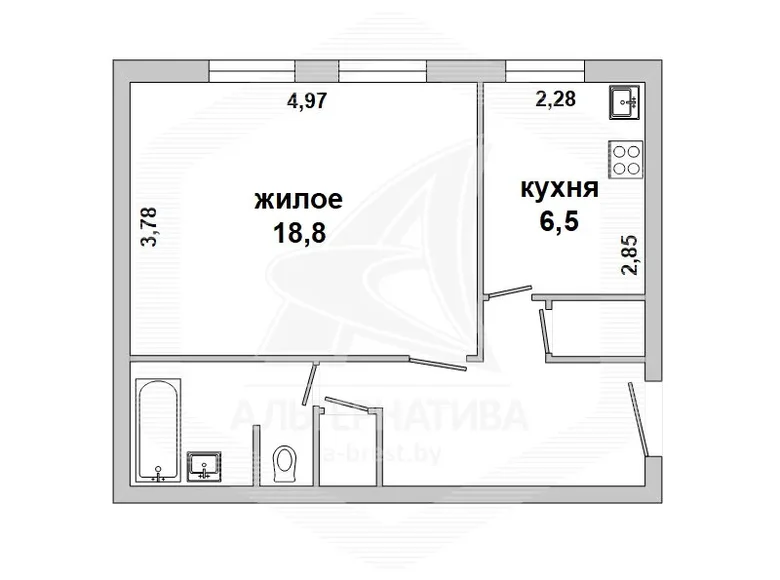 1 room apartment 40 m² Brest, Belarus