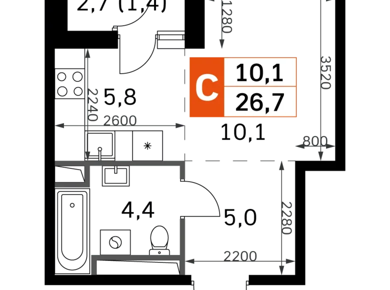 Студия 1 комната 27 м² Москва, Россия